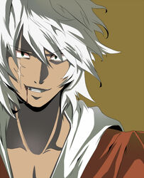  1boy akishima_kei blood dark-skinned_male dark_skin male_focus scar scar_across_eye scar_on_face solo touzokuou_bakura white_hair yu-gi-oh! yu-gi-oh!_duel_monsters 