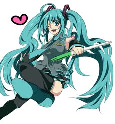  aqua_hair asaki_(pixiv32096) bad_id bad_pixiv_id female hatsune_miku long_hair one_eye_closed solo spring_onion thighhighs twintails very_long_hair vocaloid 