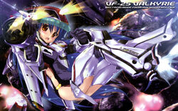  blue_hair brown_eyes female highres komatsu_eiji macross macross_frontier mecha_musume megami_magazine_creators photoshop_(medium) poster_(medium) scan solo vf-25 