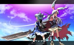  2girls advent_cirno animal_ears bad_id bad_pixiv_id cirno cloud_strife cloud_strife_(cosplay) cosplay crossover final_fantasy final_fantasy_vii final_fantasy_vii_advent_children fusion_swords huge_weapon letterboxed long_hair multiple_girls rabbit_ears reisen_udongein_inaba ribbon rindou_(awoshakushi) sword touhou vincent_valentine vincent_valentine_(cosplay) weapon wings 