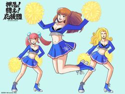  3girls amemiya_sayaka anna_lindhurst blonde_hair braid breasts brown_hair cheerleader cleavage crop_top glasses hair_ribbon kanda_aoi long_hair medium_breasts midriff multiple_girls navel official_art official_wallpaper one_eye_closed osu!_tatakae!_ouendan ouendan pink_hair pom_pom_(cheerleading) ribbon skirt smile twintails 