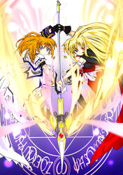  2girls alternate_hairstyle alternate_weapon bardiche_(nanoha) belt blonde_hair cape commentary_request energy_wings fate_testarossa fingerless_gloves gloves hair_down lyrical_nanoha mad_(hazukiken) magic_circle magical_girl mahou_shoujo_lyrical_nanoha mahou_shoujo_lyrical_nanoha_a&#039;s multiple_girls octagram purple_eyes raising_heart red_eyes red_hair single_fingerless_glove star_of_lakshmi takamachi_nanoha thighhighs torn_clothes tourniquet weapon wings 