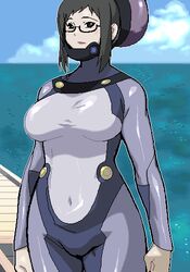  :d android black_eyes black_hair blush bodysuit breasts clenched_hands cloud commentary_request covered_navel curvy day diving_suit female glasses hat holon large_breasts lipstick looking_at_viewer lowres makeup matagitii ocean oekaki open_mouth outdoors pier plump real_drive semi-rimless_eyewear short_hair sidelocks sky smile solo standing under-rim_eyewear upper_body water wetsuit 