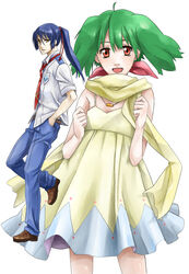  1boy ahoge blue_hair commentary_request dress female green_hair hair_ribbon ishizue_ei jewelry macross macross_frontier necklace necktie ponytail ranka_lee red_eyes ribbon saotome_alto scarf school_uniform short_hair 