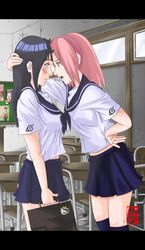  2girls alternate_costume arm_behind_head bag black_hair black_legwear blue_hair blush casual classroom commentary dannex009 desk english_commentary face-to-face forehead-to-forehead green_eyes hairband hand_on_another&#039;s_head hand_on_own_hip headband heads_together hyuuga_hinata kneehighs letterboxed long_hair multiple_girls naruto naruto_(series) open_mouth pink_hair sakura_haruno school school_bag school_uniform serafuku short_hair skirt socks yuri 