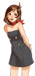  apollo_justice:_ace_attorney arms_behind_back bare_shoulders brown_eyes brown_hair dress earrings female gloves gyakuten_saiban jewelry kobashi lowres no_headwear no_jacket scarf short_hair sleeveless smile solo trucy_wright 