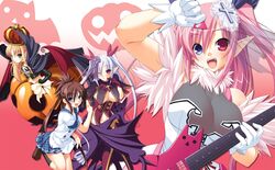  4girls blonde_hair blue_eyes blush breasts brown_hair chu_x_chu_idol chua_churam chuchu_astram cleavage cross crown elbow_gloves fangs gloves green_eyes guitar hair_ornament hair_ribbon hair_up heterochromia impossible_clothes impossible_shirt instrument jack-o&#039;-lantern kneehighs latin_cross long_hair melissa_seraphy multiple_girls nakauchi_chiyu one_eye_closed ozawa_akifumi pink_eyes pink_hair plaid pointy_ears pumpkin ribbon school_uniform see-through shirt skirt small_breasts socks twintails very_long_hair waga_mama_capriccio white_hair 