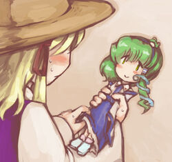  asymmetrical_hair bad_id bad_pixiv_id blonde_hair blue_skirt blush buranantoka character_doll closed_mouth detached_sleeves female frog_hair_ornament from_behind frown green_eyes green_hair hair_between_eyes hair_ornament hat holding kochiya_sanae long_sleeves lowres moriya_suwako sidelocks skirt snake_hair_ornament solo sweat sweater touhou vest wide_sleeves 