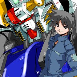  black_eyes black_hair blue_jacket chiisan commentary female green_eyes gundam hands_on_own_hips jacket jaggy_lines lowres mecha oekaki original robot short_hair smile solo 