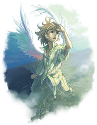  barefoot city cloud commentary_request female flying original pajamas solo wind wings yukihiko 