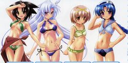  4girls :d adjusting_hair akatsuki_no_amaneka_to_aoi_kyojin anchor angry arm_up armpits arms_behind_back bikini black_hair blue_hair blush braid breasts cal_ruslan cleavage covered_nipples eana_komet embarrassed feathers flat_chest frilled_bikini frills frown goggles goggles_on_head green_eyes grey_hair groin hair_between_eyes hair_ornament hairclip halterneck hand_on_own_hip hat highres komatsu_eiji lineup long_hair looking_at_viewer lowleg lowleg_bikini mail_seagull multiple_girls navel official_art open_mouth orange_eyes parted_bangs purple_eyes red_sarong ribs rie_mainstay sarong scan shading_eyes shiny_skin short_hair side-tie_bikini_bottom simple_background single_braid small_breasts smile spiked_hair standing swimsuit tankini thigh_gap twintails underboob very_long_hair white_hair 