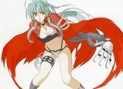  absurdres antenna_hair aqua_hair bikini bracelet breasts cape choker cleavage elbow_gloves female gloves hanawa_momiji highres jewelry jingai_makyou large_breasts leaning_forward long_hair mechanical_arms navel nishii_(damnedrive) non-web_source single_mechanical_arm solo swimsuit thigh_strap torn_clothes white_bikini yellow_eyes 