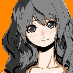  chiisan closed_mouth collarbone female grey_eyes grey_hair jaggy_lines long_hair lowres neck nose nostrils oekaki orange_background original smile solo thick_eyebrows 