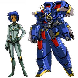  blue_hair bodysuit chiisan dark-skinned_female dark_skin female full_body green_bodysuit gundam jaggy_lines lowres mecha oekaki original robot simple_background white_background 