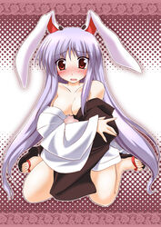  animal_ears bare_shoulders black_kimono blush breasts cleavage embarrassed feet female full_body gonzaburo halftone halftone_background japanese_clothes kimono long_hair open_clothes open_mouth polka_dot polka_dot_background purple_hair rabbit_ears rabbit_girl red_eyes reisen_udongein_inaba sandals sitting solo touhou two-tone_kimono undressing wariza white_kimono zouri 