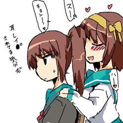  2girls blue_sailor_collar brown_cardigan cardigan from_side genderswap_(mtf) kita_high_school_uniform kyonko long_sleeves lowres multiple_girls oda_masaru oekaki ponytail profile red_ribbon ribbon rule_63 sailor_collar school_uniform serafuku suzumiya_haruhi suzumiya_haruhi_no_yuuutsu winter_uniform 