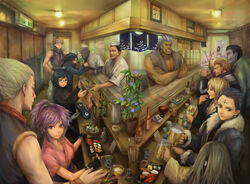  3girls 6+boys alcohol beer blinky_(hunter_x_hunter) bonolenov_ndongo bottle bowl chopsticks chrollo_lucilfer commentary_request crossed_arms feitan_portor food franklin_bordeau grin highres hisoka_morow hunter_x_hunter korutopi machi_komacine miche multiple_boys multiple_girls nobunaga_hazama pakunoda phinks_magcub photoshop_(medium) plant potted_plant restaurant sanpaku shalnark shizuku_murasaki smile sushi uvogin 