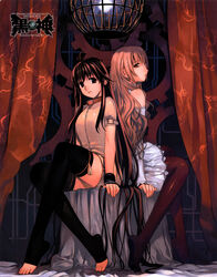  2girls back-to-back brown_eyes brown_hair collar dress feet highres kuro_(kurokami) kurokami long_hair multiple_girls no_shoes park_sung_woo sano_akane sitting thighhighs toeless_legwear zettai_ryouiki 