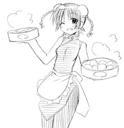  bamboo_steamer baozi bare_shoulders bun_cover chao_lingshen china_dress chinese_clothes double_bun dress female food greyscale hair_bun harmonia lowres mahou_sensei_negima! monochrome pantyhose sketch solo waitress 