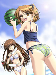  2girls :d ahoge ass bikini braid brown_hair closed_eyes day dual_wielding food fruit holding holding_food holding_fruit holding_watermelon karen_(sister_princess) knife long_hair masakichi_(crossroad) multiple_girls oerba_yun_fang open_mouth polka_dot polka_dot_bikini side-tie_bikini_bottom sister_princess smile swimsuit tankini twin_braids watermelon yellow_eyes yotsuba_(sister_princess) 