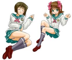  2girls amami_haruka brown_hair commentary_request hagiwara_yukiho idolmaster idolmaster_xenoglossia kneehighs multiple_girls panties pantyshot peter_(gvb) school_uniform short_hair sleeping socks underwear 