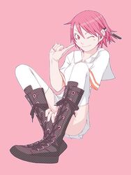  bad_id bad_pixiv_id boots female kamisama_kazoku kamiyama_tenko one_eye_closed pink_background pink_hair pink_theme skirt solo thighhighs yasuda_suzuhito zettai_ryouiki 