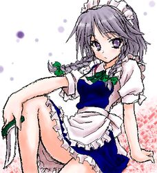  arm_support braid commentary_request female grey_hair izayoi_sakuya knife lowres maid oekaki peter_(gvb) purple_eyes short_hair sitting solo touhou twin_braids 