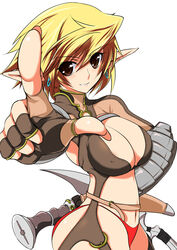  blonde_hair breasts brown_eyes cleavage earrings elf fantasy female jewelry knife large_breasts original painttool_sai_(medium) panties pointing pointy_ears shijou_sadafumi solo underwear weapon 