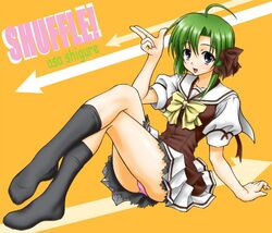  ahoge commentary_request crossed_legs feet female green_hair hair_ribbon national_verbena_academy_school_uniform panties pantyshot peter_(gvb) purple_eyes ribbon salute school_uniform shigure_asa short_hair shuffle! sitting socks solo two-finger_salute underwear 