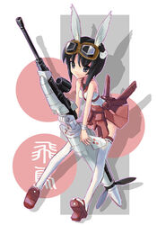  animal_ears asuka_(busou_shinki) black_hair busou_shinki commentary_request female full_body goggles gun katahira_masashi mecha_musume photoshop_(medium) rabbit_ears solo thighhighs weapon 