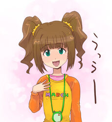  brown_hair female green_eyes idolmaster idolmaster_(classic) idolmaster_1 open_mouth photoshop_(medium) raglan_sleeves ribbon scotch_(blaze) solo takatsuki_yayoi twintails 