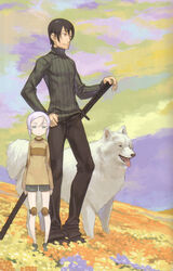  1boy canine female flower highres kino_no_tabi knee_pads kuroboshi_kouhaku riku_(kino_no_tabi) scan shizu_(kino_no_tabi) sword tea_(kino_no_tabi) weapon 