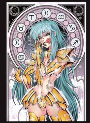  adapted_costume aqua_hair aquarius_(symbol) aries_(symbol) armor bikini_armor blue_eyes breasts cancer_(symbol) capricorn_(symbol) cleavage female floral_print flower flower_in_mouth future_studio_(artist) gemini_(symbol) genderswap_(mtf) gold_armor gold_saint hand_on_own_hip highres lipstick long_hair makeup medium_breasts midriff mole mole_under_eye mouth_hold mu_fengchun pisces_(symbol) pisces_(zodiac) pisces_aphrodite red_flower red_rose rose rose_print rule_63 sagittarius_(symbol) saint_seiya shiny solo taurus_(symbol) very_long_hair zodiac zodiac_wheel 