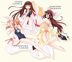  3girls ;d ^_^ ahoge animal_ears antenna_hair apron ass barefoot beret bikini black_one-piece_swimsuit blush brown_eyes brown_hair cat_ears character_name closed_eyes extra_ears feathers flabellum_euri_&amp;_flabellum_australe folding_fan glasses hand_fan harmonia hasegawa_chisame hat imperium_graphices inkwell japanese_clothes kimono konoe_konoka long_hair mahou_sensei_negima! multiple_girls name_tag one-piece_swimsuit one_eye_closed open_mouth pactio pen quill saotome_haruna sceptrum_virtuale school_swimsuit short_hair sketchbook smile swimsuit tail wand 