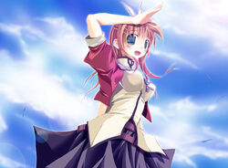  :d arm_up blue_eyes blue_skirt blue_sky blush breasts cloud copyright_request cowboy_shot day female looking_at_viewer medium_breasts open_mouth outdoors pink_hair pleated_skirt puffy_short_sleeves puffy_sleeves salute shippo_danshaku short_hair short_sleeves skirt sky smile solo 