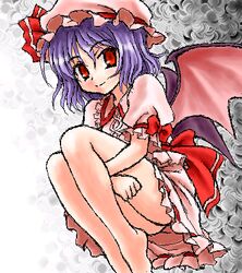  barefoot commentary_request female hat hugging_own_legs lowres oekaki peter_(gvb) pink_hat remilia_scarlet smile solo touhou wings 