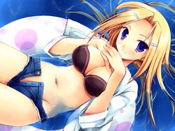  bikini bikini_top_only blonde_hair blue_eyes blue_shorts breasts cleavage denim denim_shorts female highres horiuchi_sana innertube large_breasts looking_at_viewer miyasu_risa oerba_yun_fang open_fly photoshop_(medium) pia_carrot_(series) pia_carrot_e_youkoso!!_g.o. short_shorts shorts solo swim_ring swimsuit unzipped 