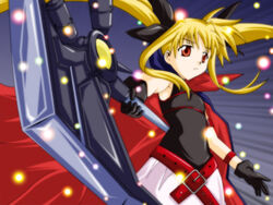  artist_request axe bardiche_(device_form)_(nanoha) bardiche_(nanoha) black_gloves blonde_hair cape fate_testarossa fate_testarossa_(original_form) female gloves long_hair lyrical_nanoha mahou_shoujo_lyrical_nanoha solo twintails two-sided_cape two-sided_fabric weapon 