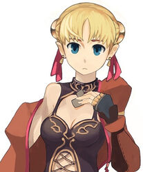  aphmau artist_request blonde_hair blue_eyes breasts cleavage closed_mouth earrings female final_fantasy final_fantasy_xi fingerless_gloves frown gloves hairpods hume jewelry lowres parted_bangs photoshop_(medium) pink_ribbon ribbon short_hair simple_background single_bare_shoulder solo white_background 