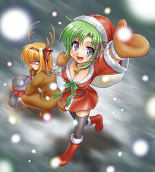  2girls animal_costume blue_eyes breasts christmas cleavage commentary_request fuyou_kaede green_hair hair_ribbon hat large_breasts multiple_girls orange_hair peter_(gvb) purple_eyes reindeer_costume ribbon santa_costume shigure_asa short_hair shuffle! skirt thighhighs zettai_ryouiki 