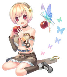  :3 apple bare_shoulders bell blonde_hair blue_butterfly bracelet bug butterfly choker cuffs detached_sleeves fairy fantasy_earth fantasy_earth_zero female food frills fruit hairband hamamo holding holding_food holding_fruit jewelry kneehighs laughing miniskirt photoshop_(medium) red_eyes scout_(fantasy_earth) scout_(lakota_outfit)_(fantasy_earth_zero) short_hair simple_background sitting skirt socks solo 