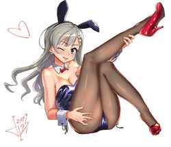  animal_ears black_leotard black_pantyhose blue_eyes bow bowtie braid braided_bangs breasts commentary_request dated detached_collar fake_animal_ears female full_body grey_hair high_heels highres hisakawa_hayate idolmaster idolmaster_cinderella_girls jun_piro leg_up leotard long_hair looking_at_viewer medium_breasts one_eye_closed pantyhose playboy_bunny rabbit_ears red_bow red_bowtie red_footwear shiny_clothes signature simple_background sitting smile solo strapless strapless_leotard white_background wrist_cuffs 