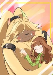  angoramon angoramon_(ghost_game) anthro bandai_namco belt brown_hair digimon digimon_(species) digimon_ghost_game duo female fur hair hair_over_eyes hi_res hug human long_ears long_hair male mammal ponytail_ears ruri_tsukiyono yellow_body yellow_fur zunaha 