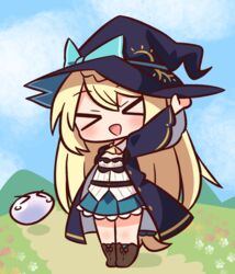  &gt;_&lt; :d aizawa_azusa black_hat black_robe blonde_hair blue_bow blue_skirt blue_sky blue_socks blush boots bow breasts brown_footwear chibi closed_eyes cloud commentary_request day facing_viewer female flower hair_between_eyes hana_kazari hand_on_headwear hand_up hat hat_bow highres long_hair mountain open_clothes open_mouth open_robe outdoors pleated_skirt red_flower robe shirt skirt sky slime_(creature) slime_taoshite_300_nen_shiranai_uchi_ni_level_max_ni_nattemashita small_breasts smile socks solo very_long_hair white_flower white_shirt witch_hat xd yellow_flower 