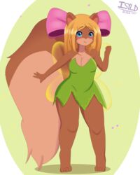  2021 accessory anthro big_tail blonde_hair blue_eyes blush brown_body brown_fur brown_tail closed_smile clothed clothing dated female front_view full-length_portrait fur glistening glistening_eyes green_clothing hair hair_accessory hair_ribbon hi_res isyld looking_at_viewer mammal mouth_closed pink_ribbon portrait ribbons rodent sciurid shadow signature simple_background smile solo standing sunny_macchiato tail tan_body tan_fur tan_tail tree_squirrel 