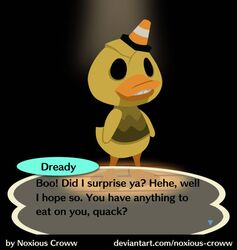  ambiguous_gender anatid animal_crossing anseriform anthro avian beak bird black_background black_eyes brown_clothing brown_shirt brown_topwear clothing crossover dark_deception dialogue dread_ducky duck empty_eyes english_text nintendo noxious-croww parody shirt simple_background solo speech_bubble talking_to_viewer teeth text toothed_beak topwear traffic_cone url yellow_body 