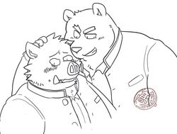  2011 anthro bear blush bodily_fluids clothing crying duo humanoid_hands kemono kick_(artist) male mammal overweight overweight_male shirt simple_background suid suina sus_(pig) tears topwear white_background wild_boar 