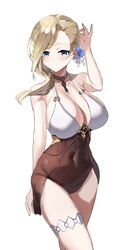  absurdres adjusting_hair arm_up azur_lane blonde_hair blue_eyes breasts brown_choker choker cleavage closed_mouth collar commentary covered_navel female flower hair_flower hair_ornament hand_up highres hood_(azur_lane) hood_(lady_of_the_shining_sun)_(azur_lane) impossible_clothes large_breasts looking_at_viewer maanu navel official_alternate_costume see-through simple_background smile solo standing swimsuit thigh_strap thighs white_background 