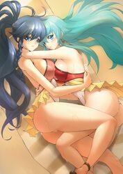  2girls ahoge alternate_costume anklet aqua_eyes aqua_hair ass beach beach_towel blue_eyes blue_hair blush braid breast_press breasts cosplay covered_nipples deekei earrings eirika_(fire_emblem) english_commentary feet_out_of_frame fire_emblem fire_emblem:_the_sacred_stones fire_emblem_heroes hair_ornament highres holding_person hug jewelry large_breasts leg_between_thighs long_hair looking_at_viewer lying multiple_girls official_alternate_costume on_side one-piece_swimsuit ponytail sand sandals shadow shy side_braid sideboob sidelocks signature smile swimsuit swimsuit_skirt symmetrical_docking tana_(fire_emblem) tana_(fire_emblem)_(cosplay) tana_(summer)_(fire_emblem) tana_(summer)_(fire_emblem)_(cosplay) thighs towel very_long_hair wet 