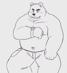  2011 anthro bear belly bottomwear clothing humanoid_hands kemono kick_(artist) male mammal navel overweight overweight_anthro overweight_male pants simple_background sitting solo 